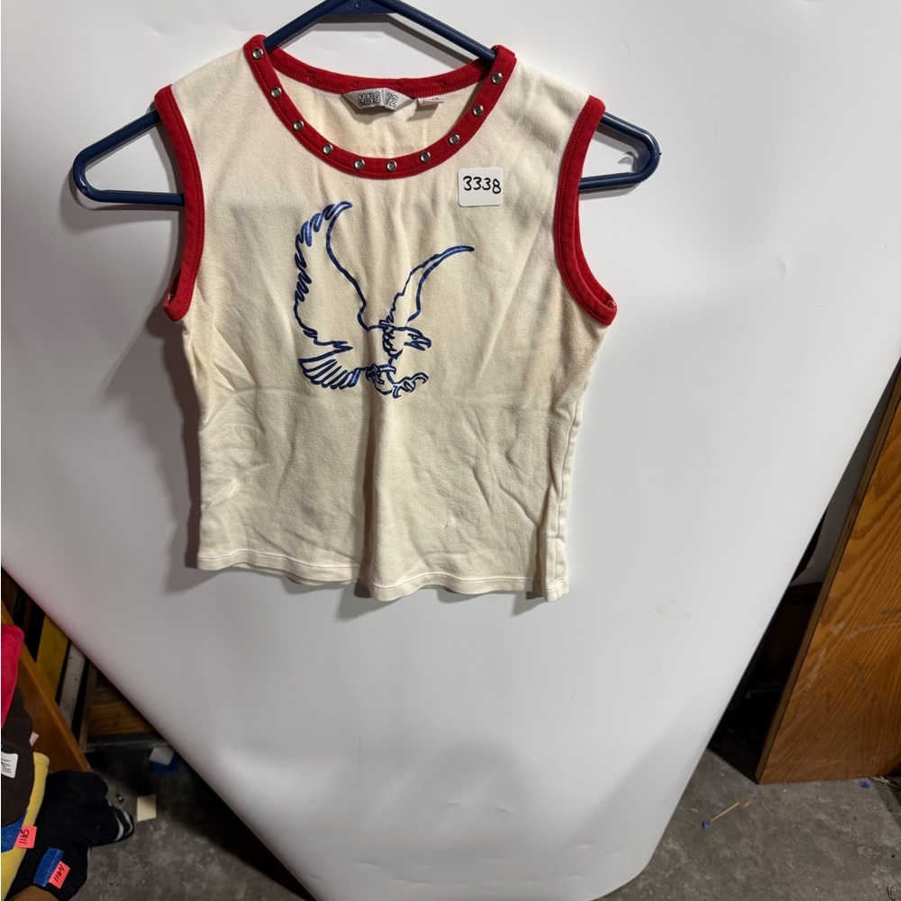#3338-Mango Cream Tank Top with Red Trim and Blue Eagle